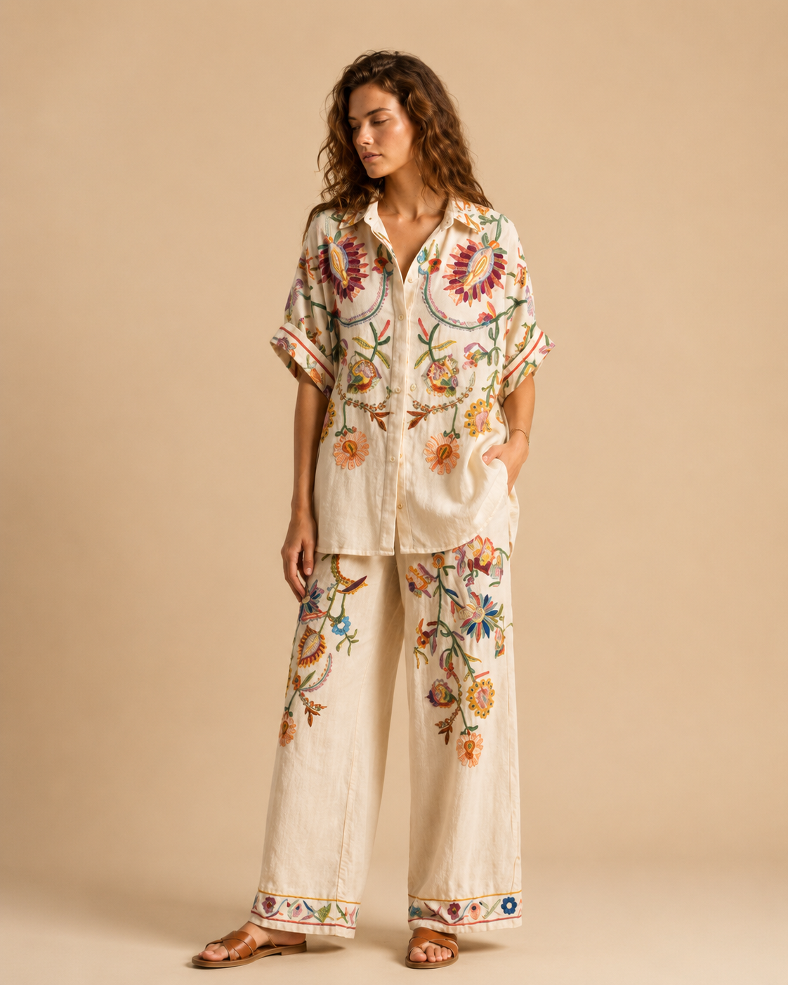 Ensemble deux pièces chemise oversize & pantalon large — imprimés artistiques