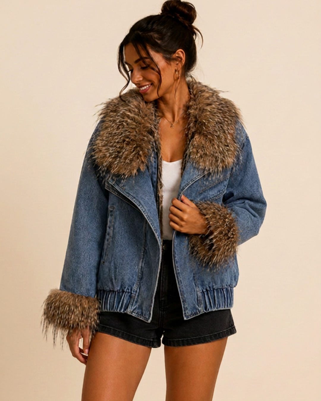 Blouson en jean détails fourrure