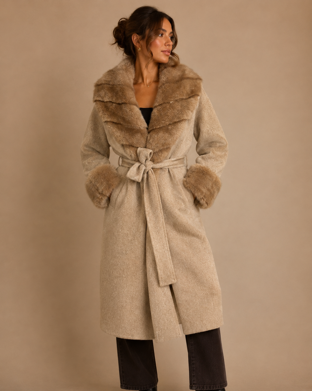 Manteau long col en fausse fourrure amovible