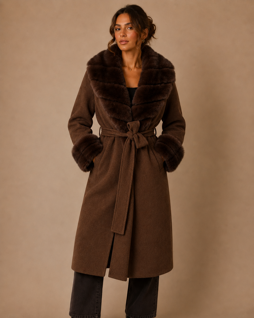 Manteau long col en fausse fourrure amovible