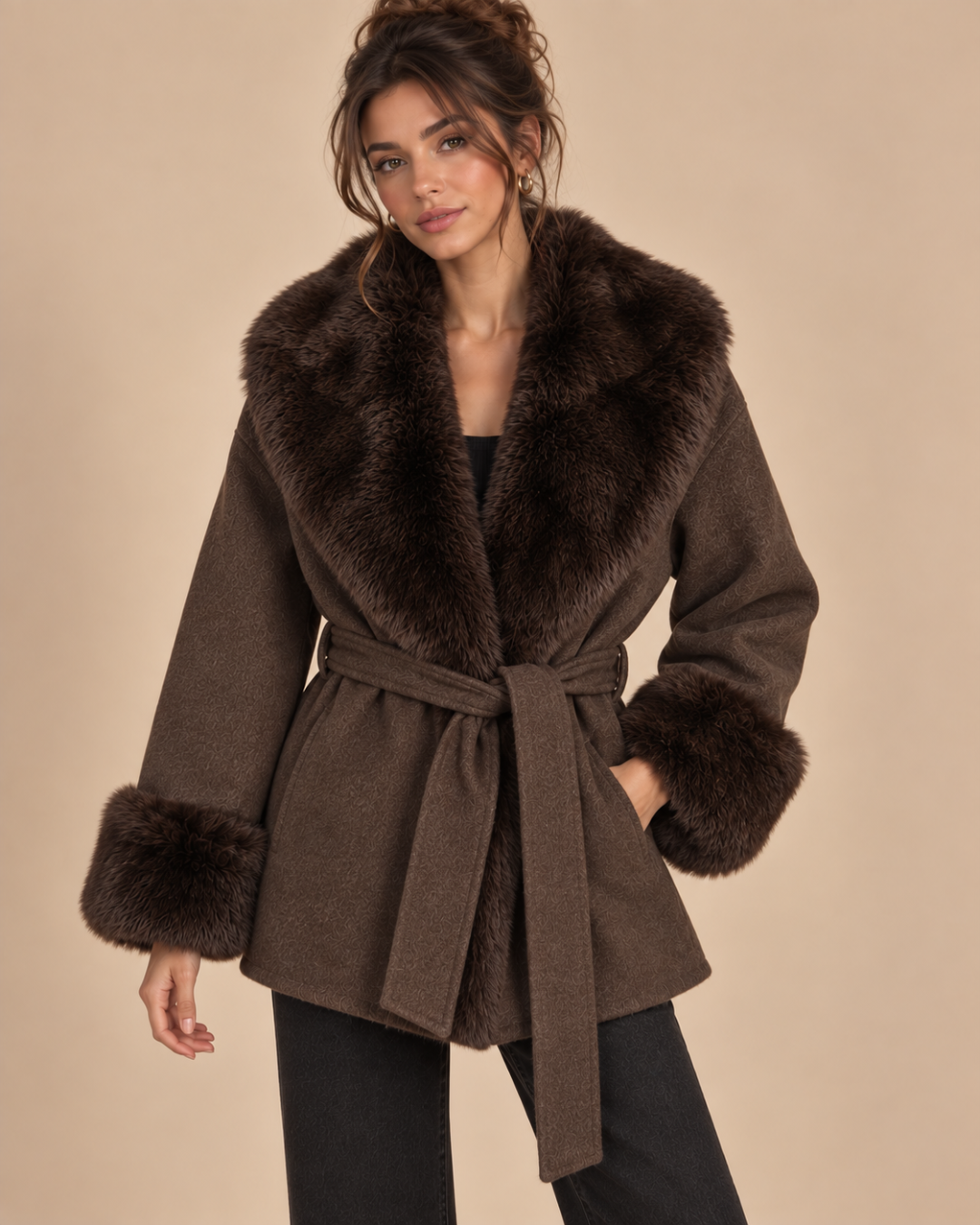 Manteau court en laine et fourrure chocolat, de face