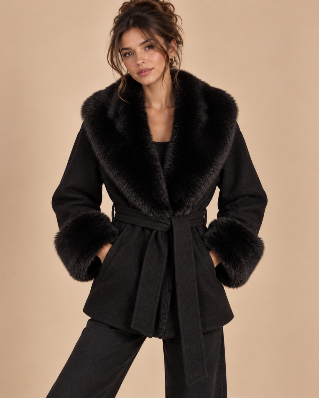 Manteau court en laine et fourrure noir, de face