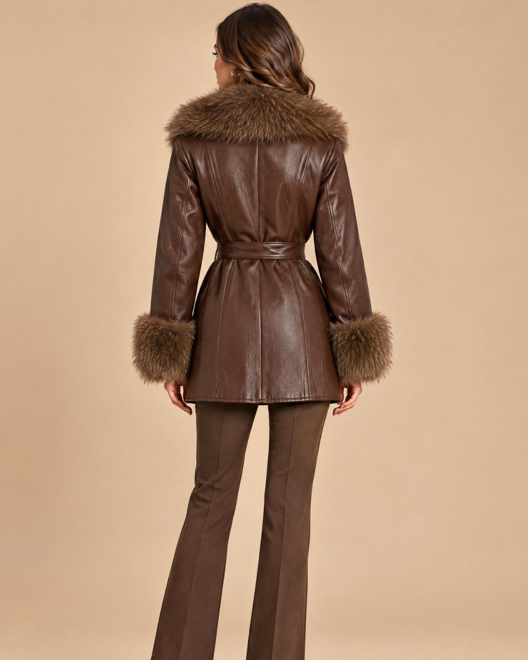 Manteau court en simili-cuir chocolat, de dos
