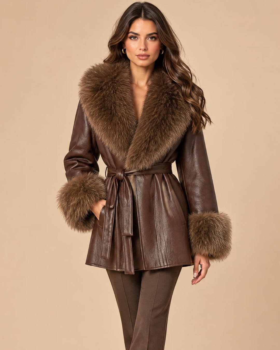 Manteau court en simili-cuir chocolat, de face