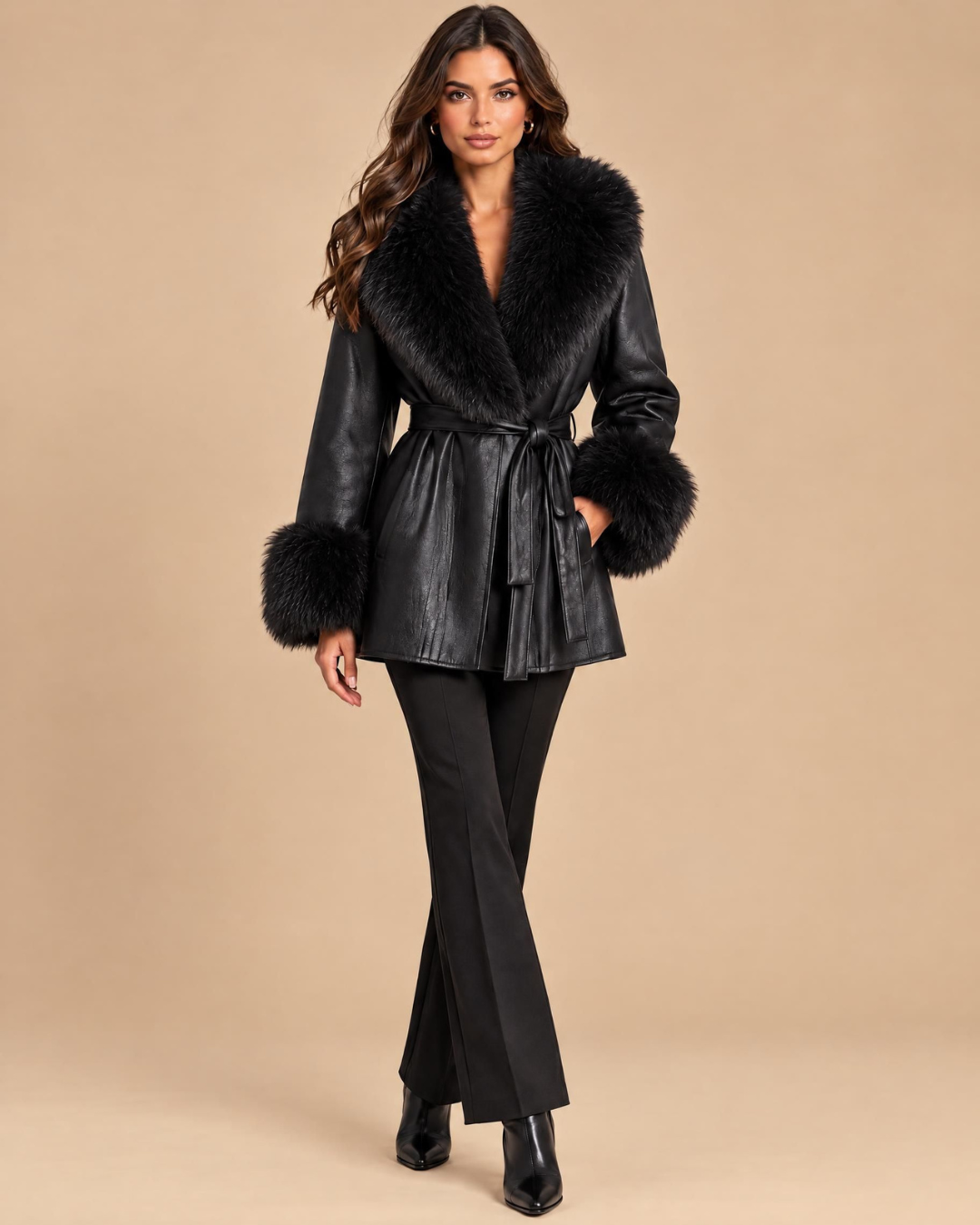 Manteau court en simili-cuir noir, de face