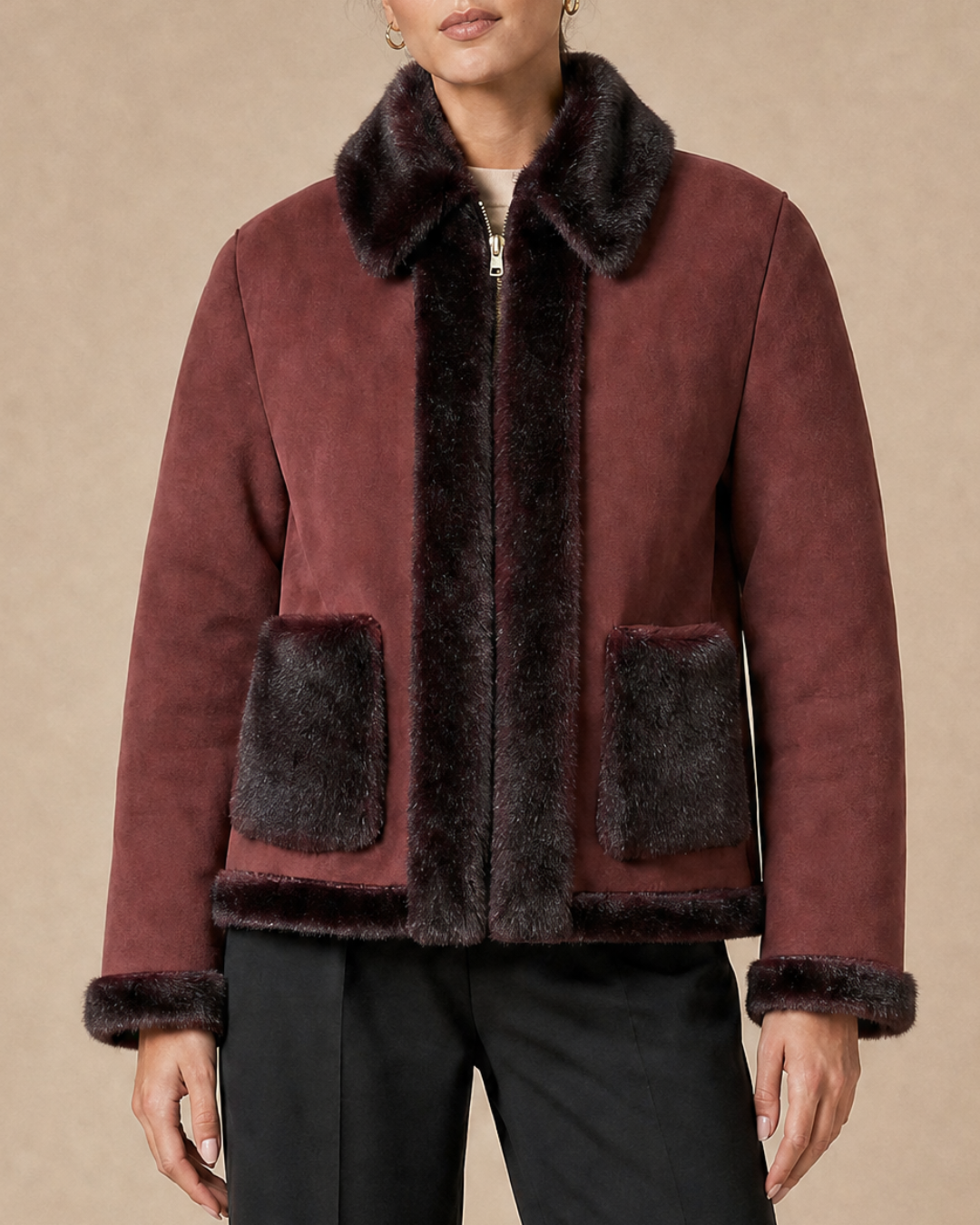 Veste fourrure réversible bordeaux, de face