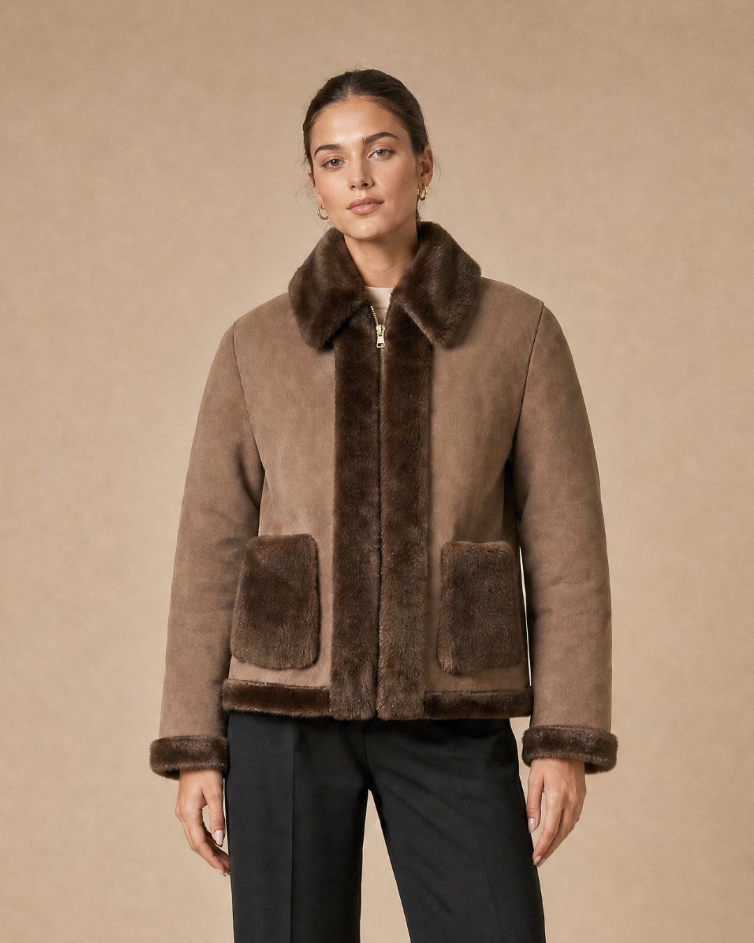 Veste fourrure réversible marron, de face