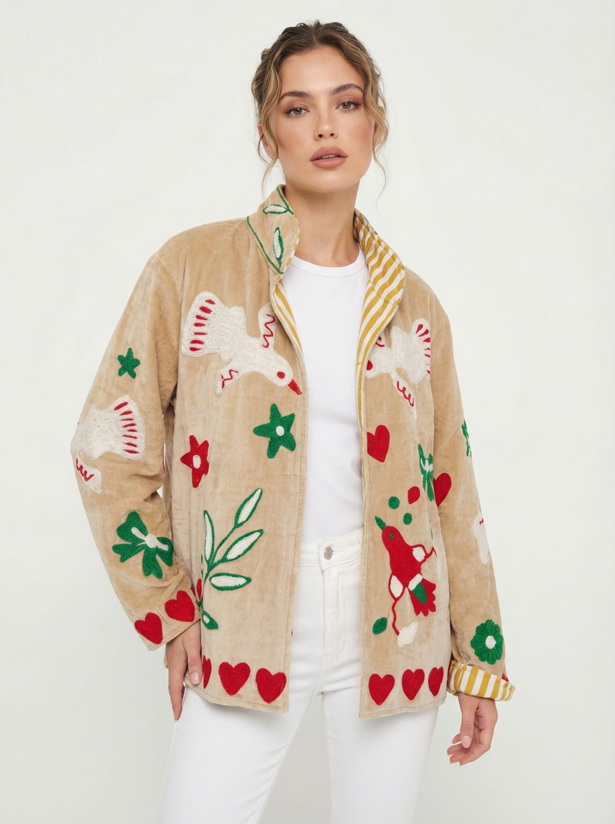 Veste en velours beige à broderie Oiseaux, cœur et feuilles