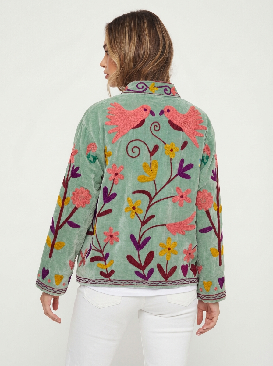 Veste en velours, bleu verte à broderie, oiseaux, roses et fleurs de dos