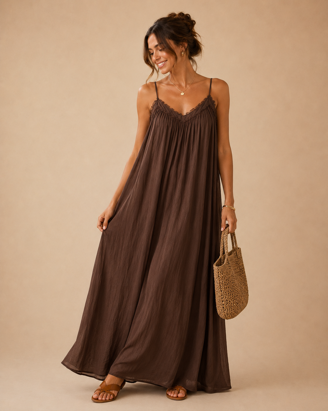 Robe longue à bretelles fines en voile de coton