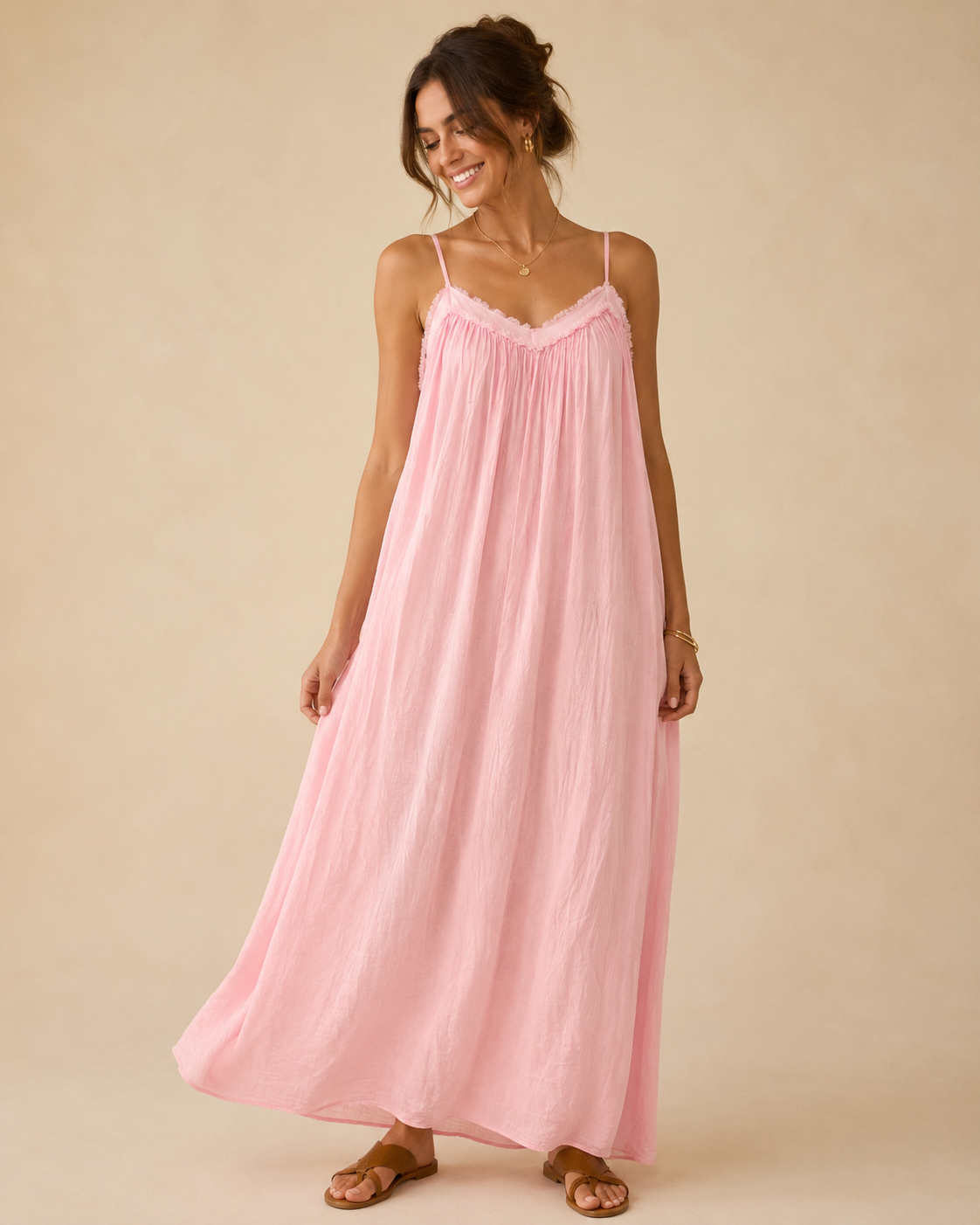 Robe longue à bretelles fines en voile de coton