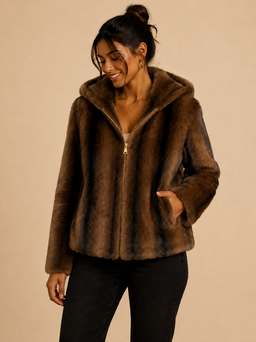 Veste réversible similicuir & fausse fourrure — Taupe