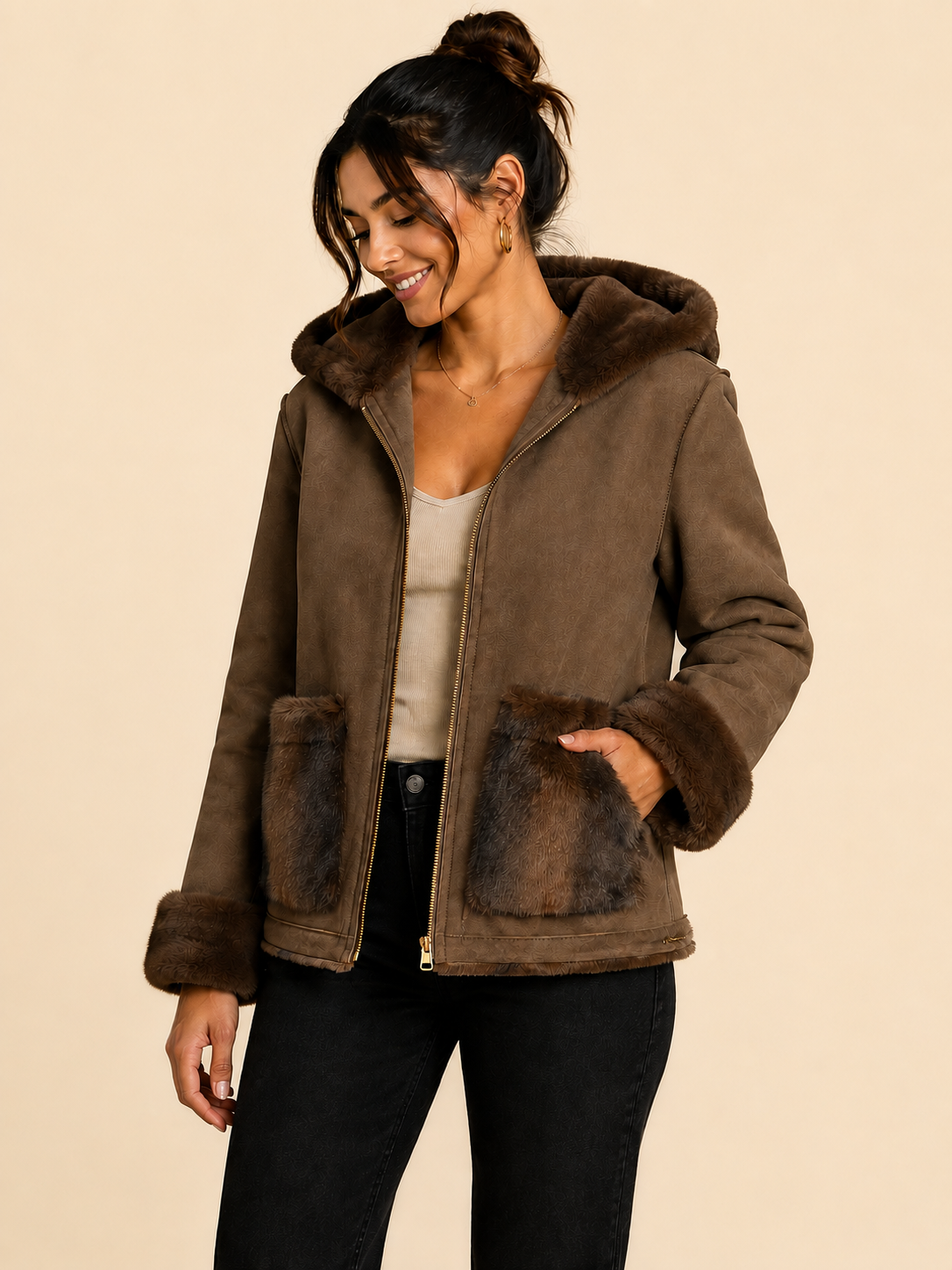 Veste réversible similicuir & fausse fourrure — Taupe