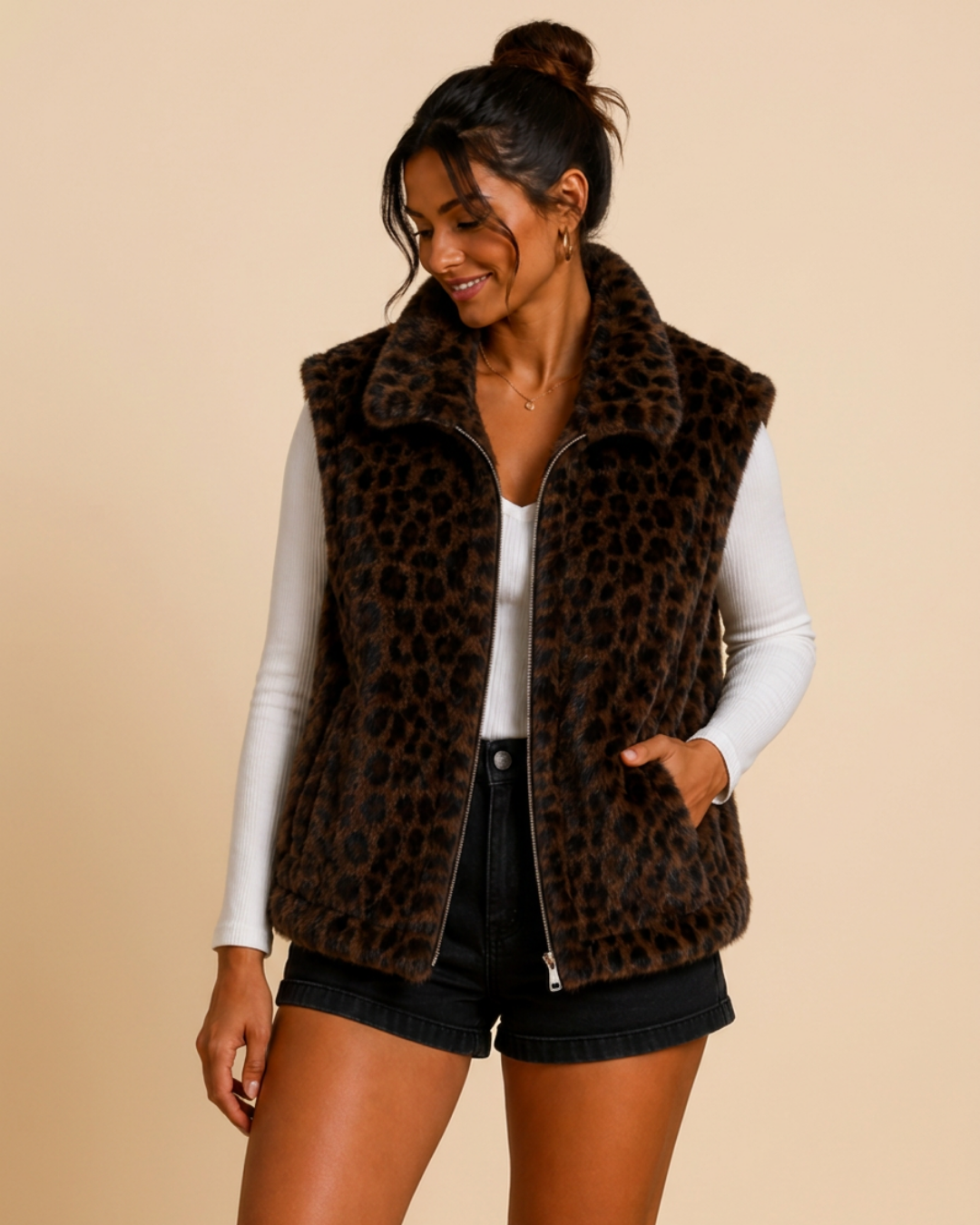 Veste sans manches fausse fourrure léopard