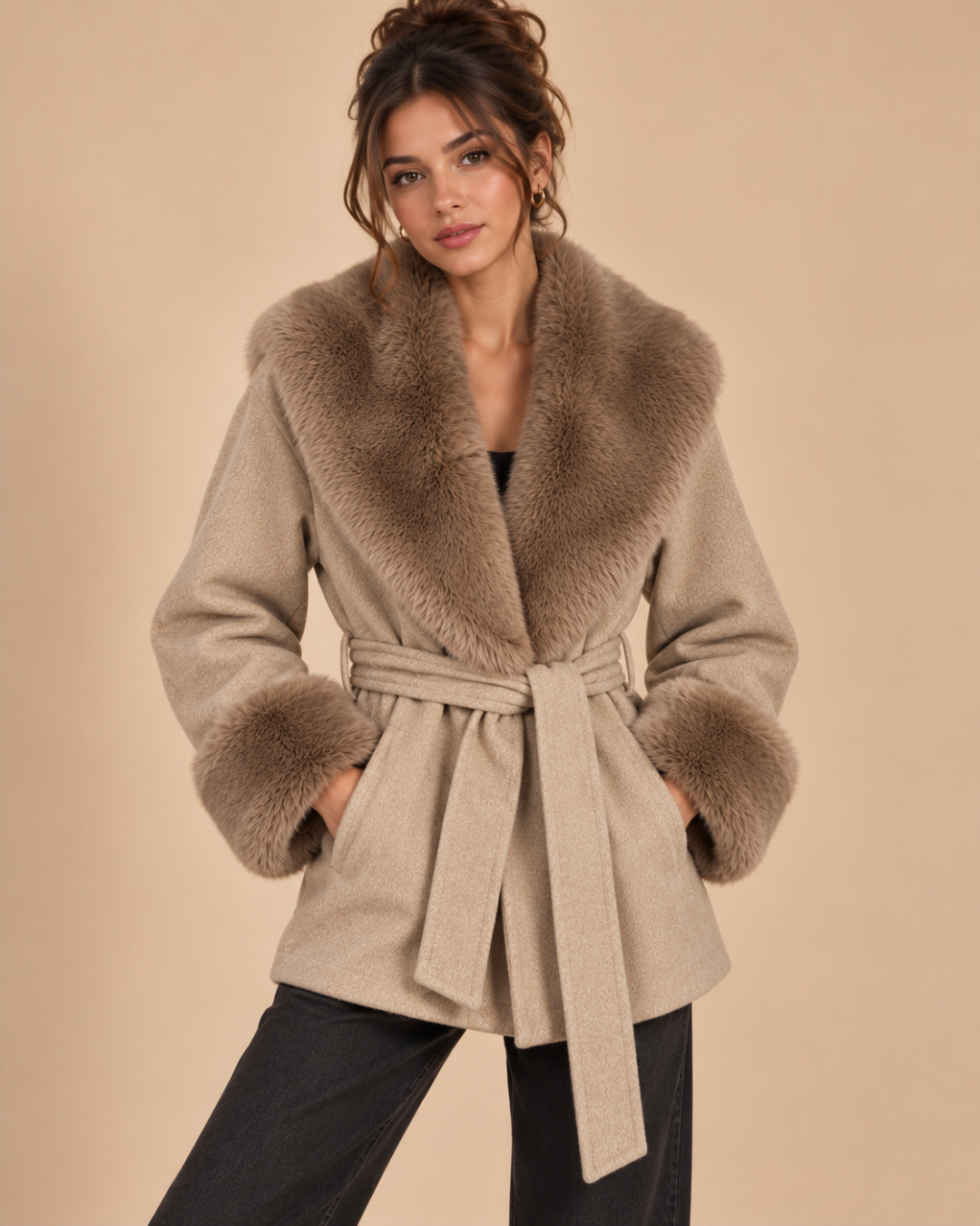 Manteau court en laine et fourrure beige, de face