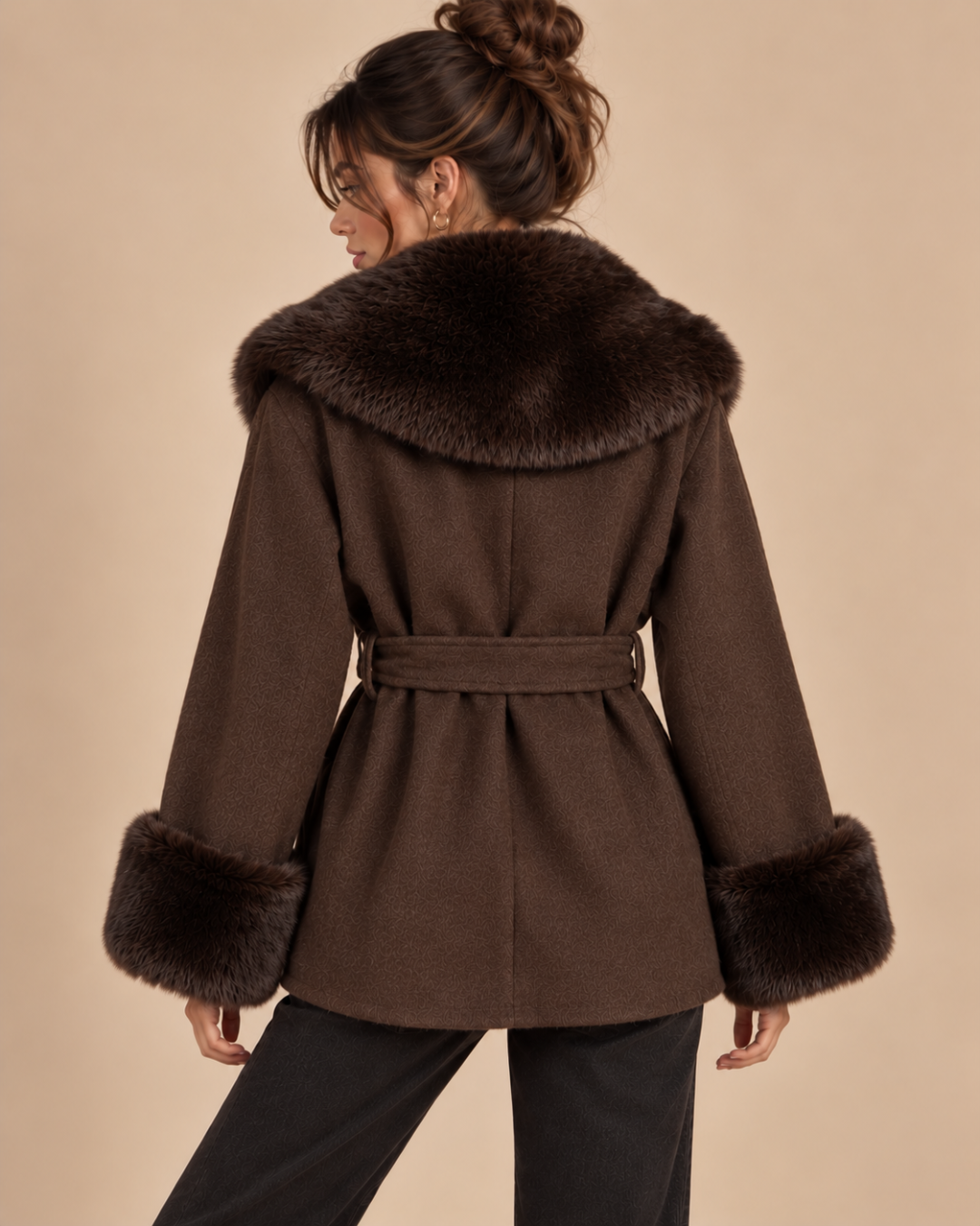 Manteau court en laine et fourrure chocolat, de dos