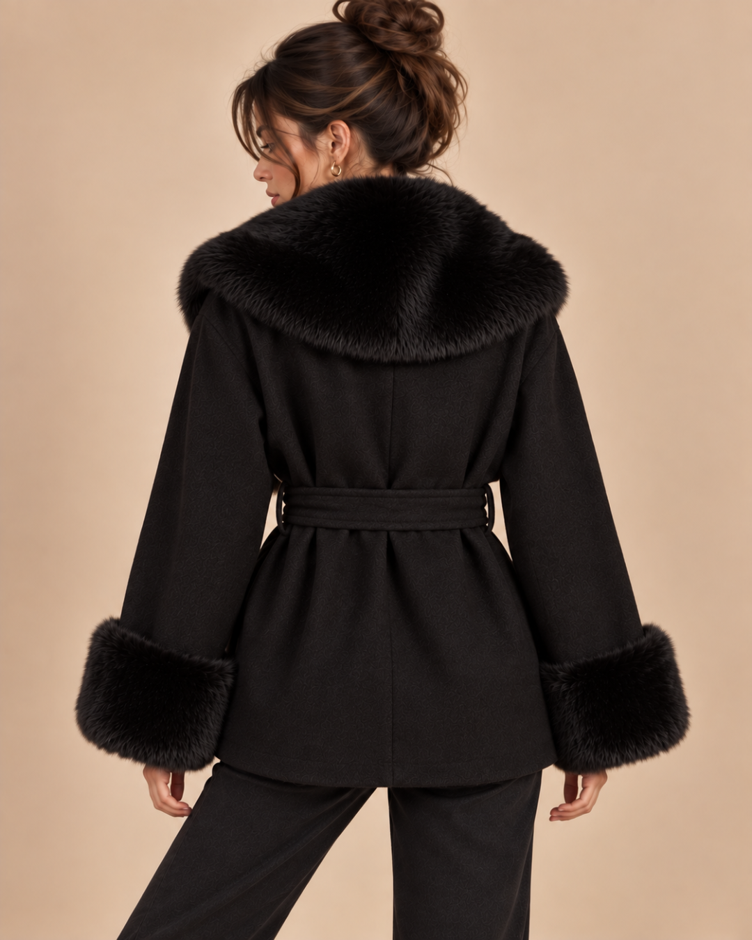 Manteau court en laine et fourrure noir, de dos