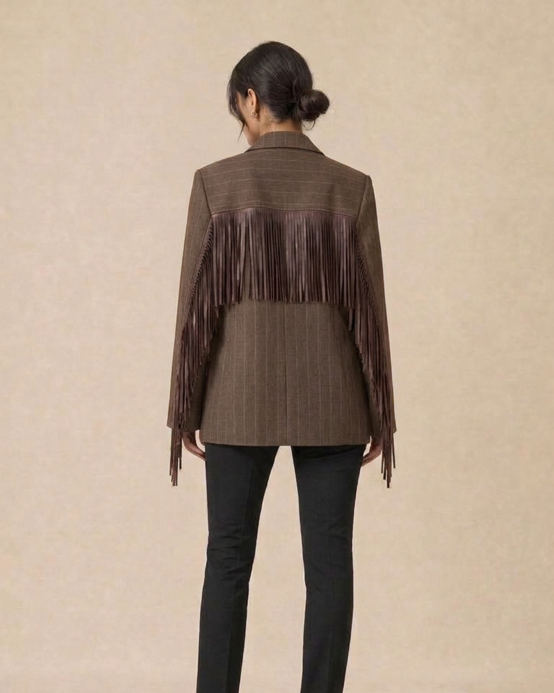 Veste blazer à franges chocolat, de dos