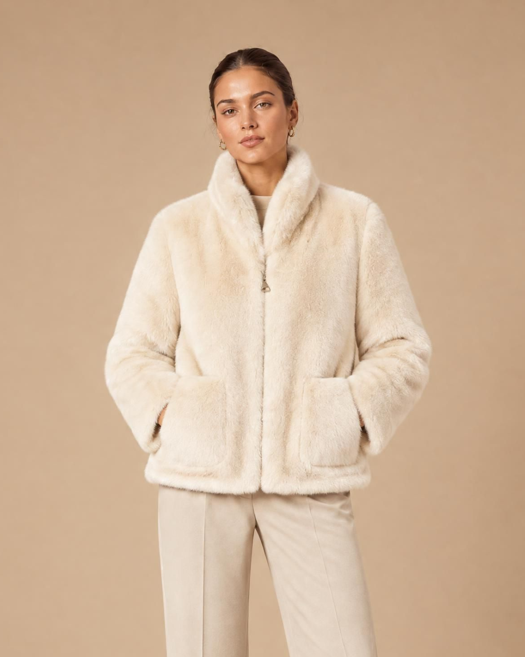 Veste fourrure réversible écru, de face