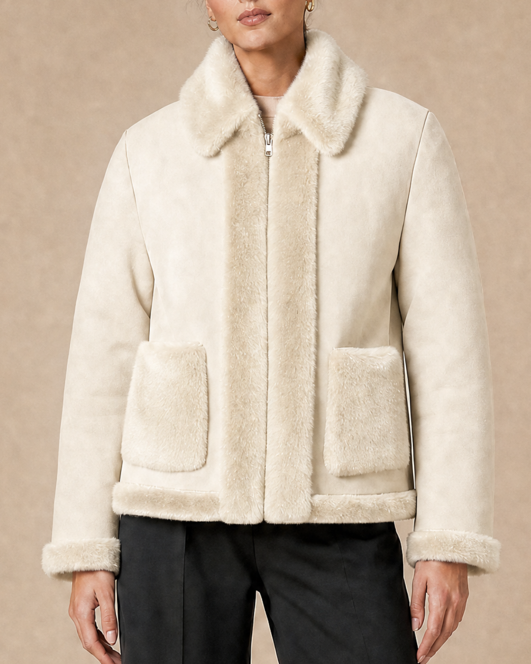 Veste fourrure réversible écru, de face