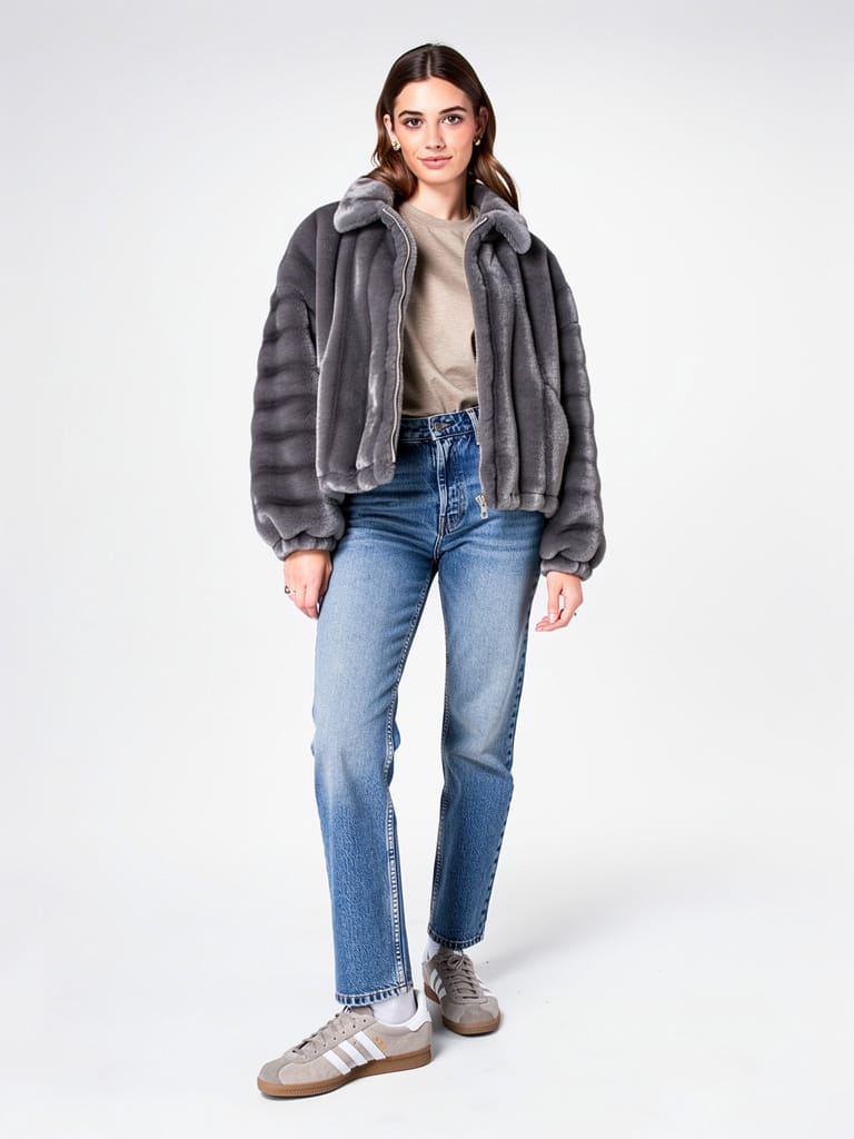 Veste courte grise en fausse fourrure.