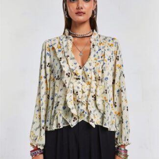 Top fleuri à volants jaune/bleu