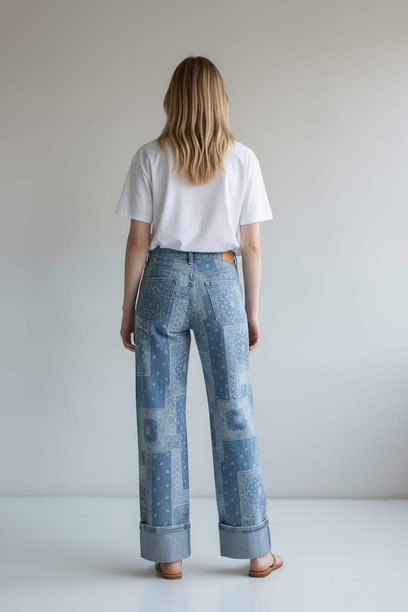 Jean à imprimé patchwork de dos