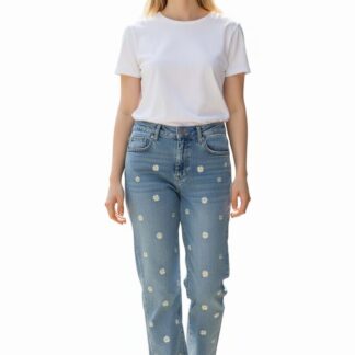 Jean denim à fleurs brodées