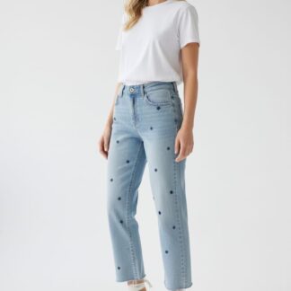 Jean à broderies florales couleur denim