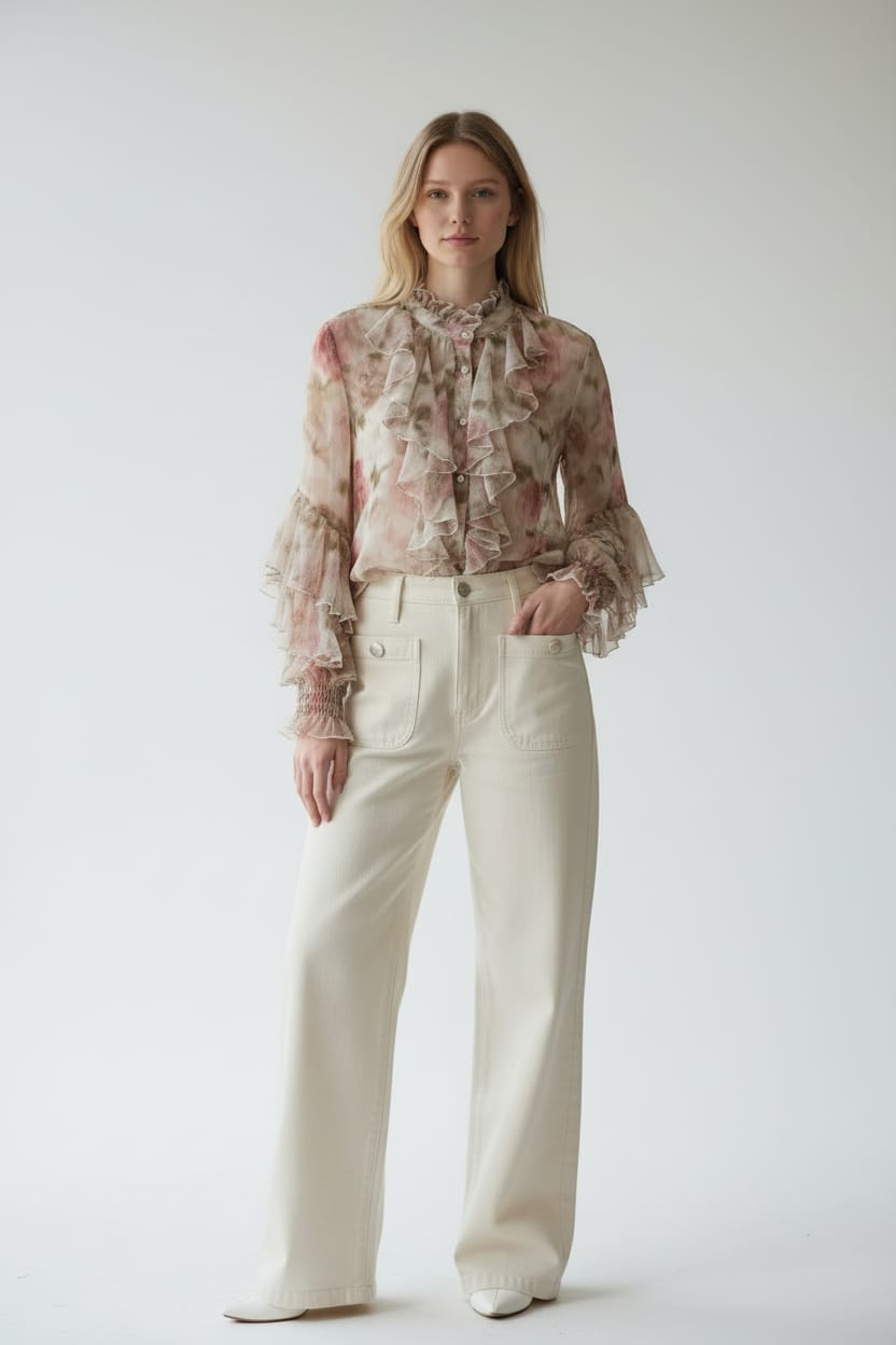 Chemise fleurie à volants écru/rose