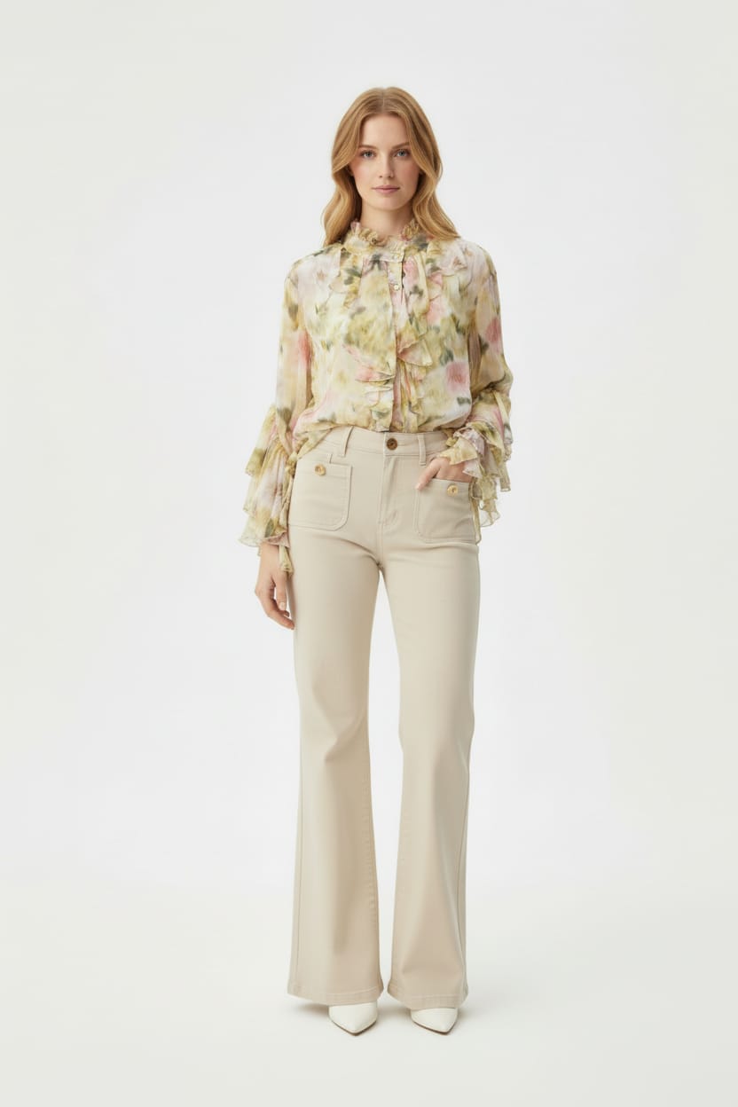 Chemise fleurie à volants jaune