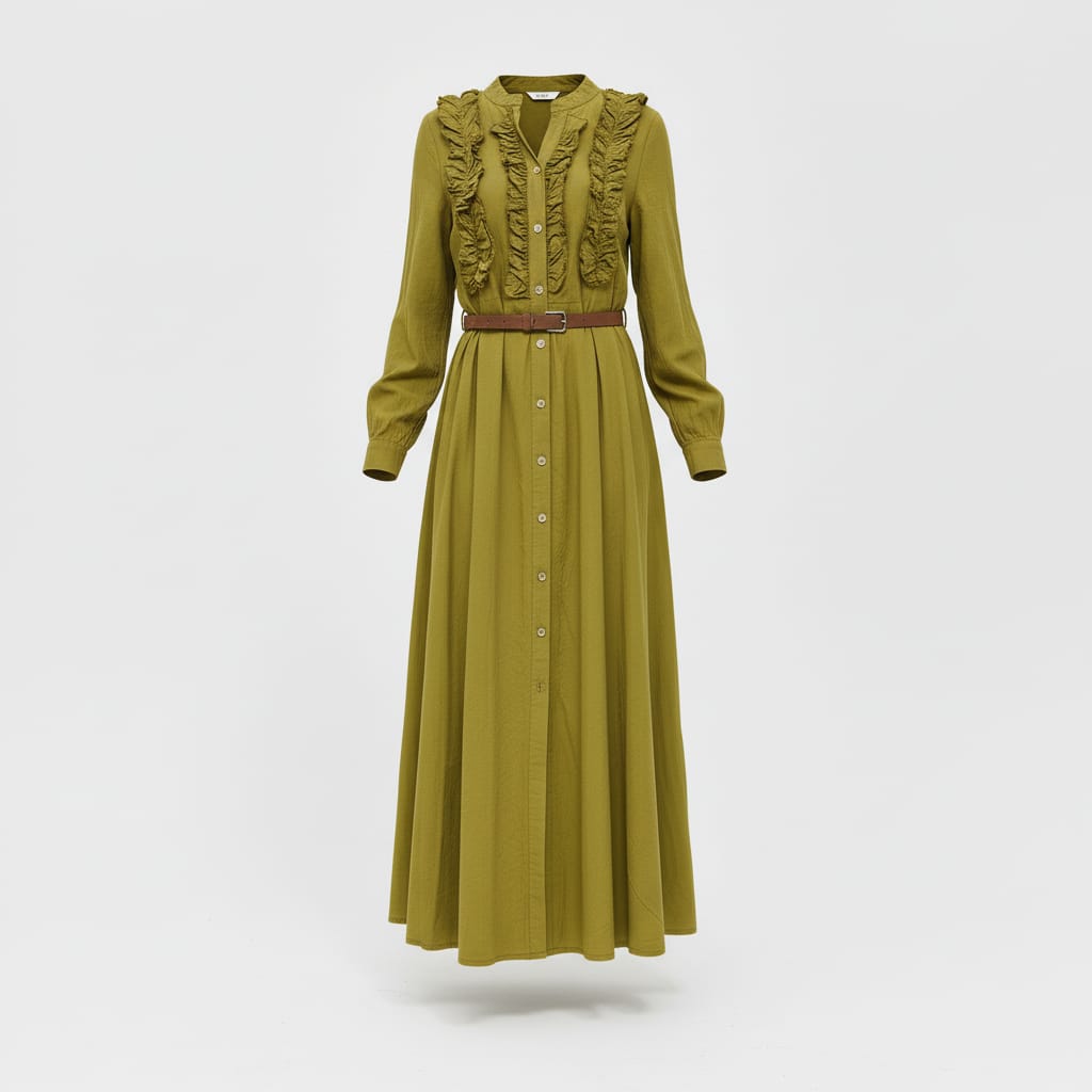 Robe longue boutonnée à volants olive