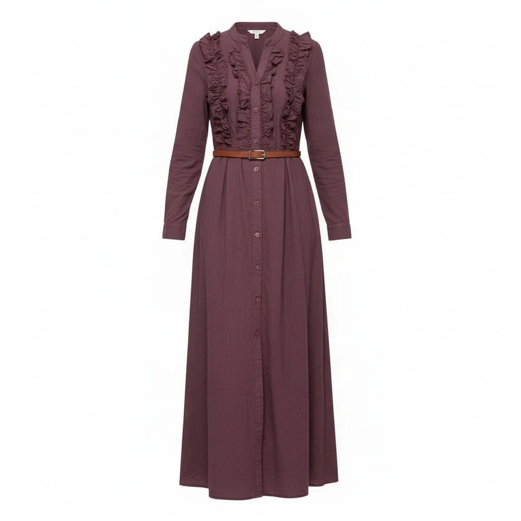 Robe longue boutonnée à volants prune