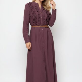 Robe longue boutonnée à volants prune