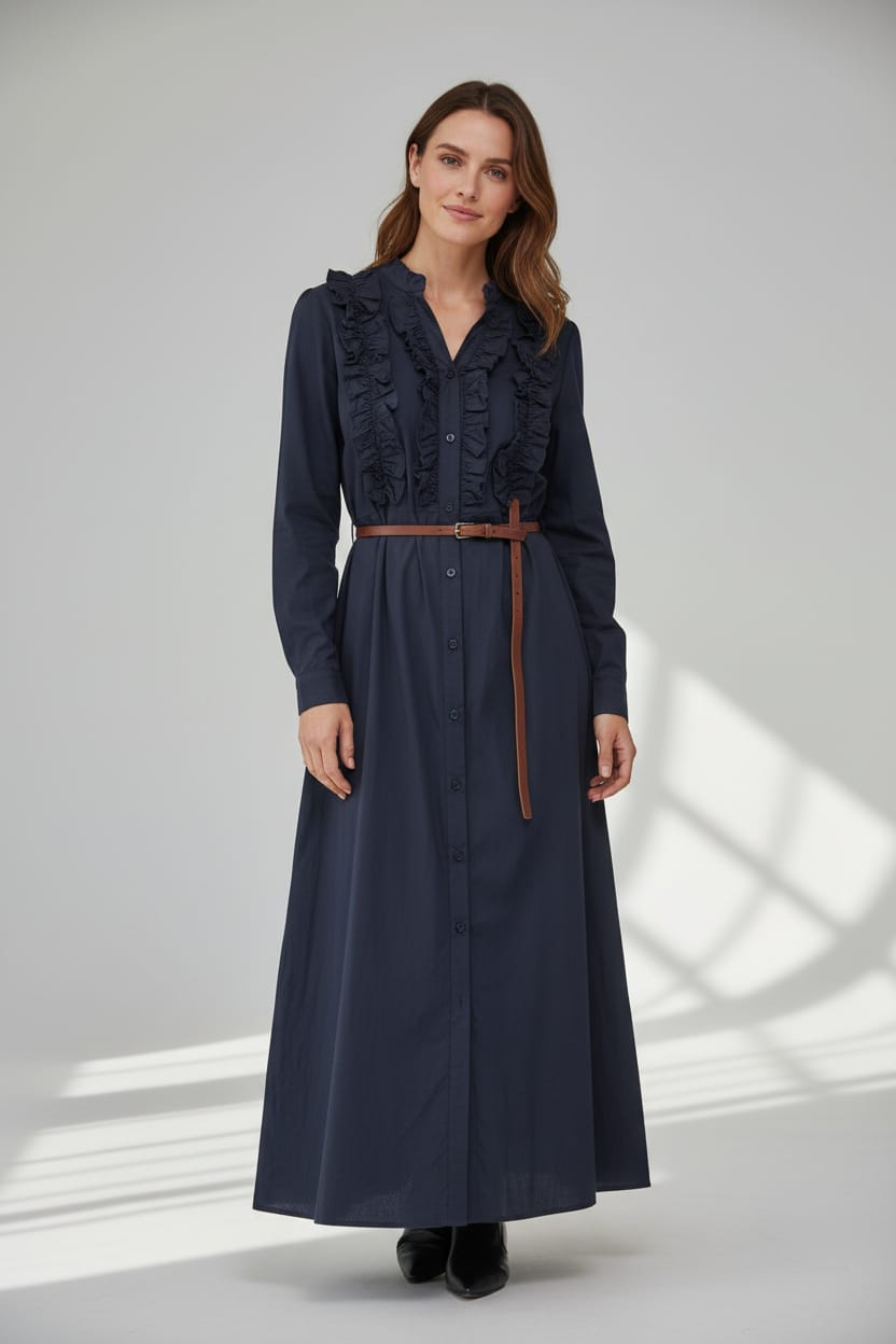 Robe longue boutonnée à volants marine