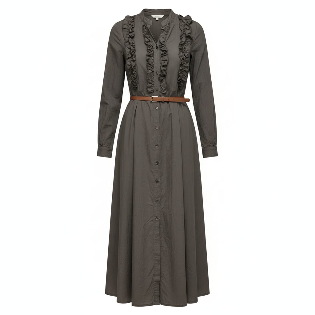 Robe longue boutonnée à volants taupe