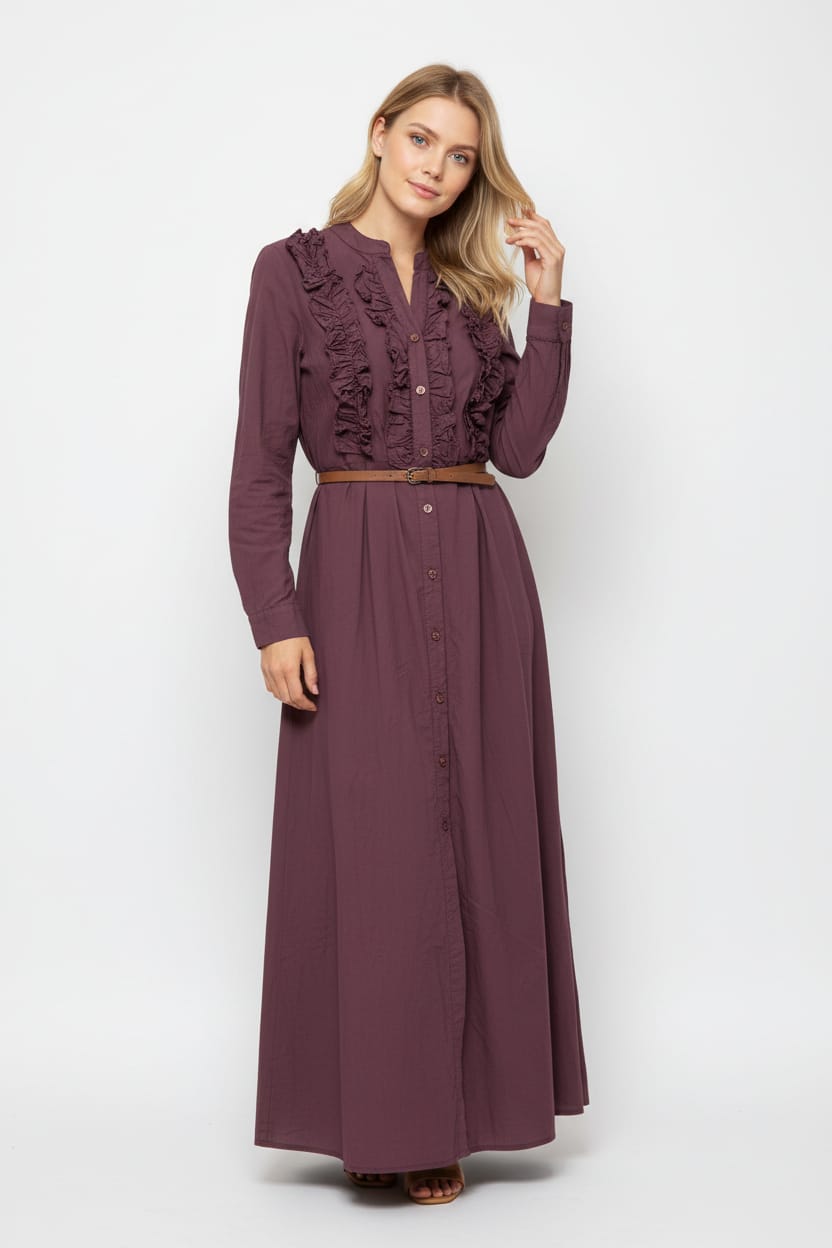 Robe longue boutonnée à volants prune