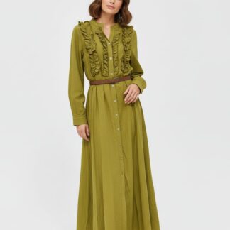 Robe longue boutonnée à volants olive