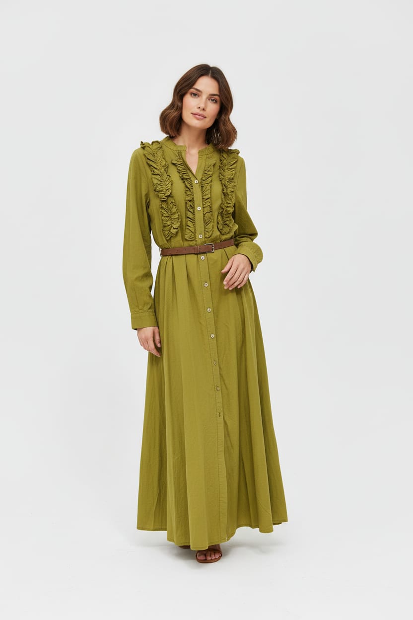 Robe longue boutonnée à volants olive