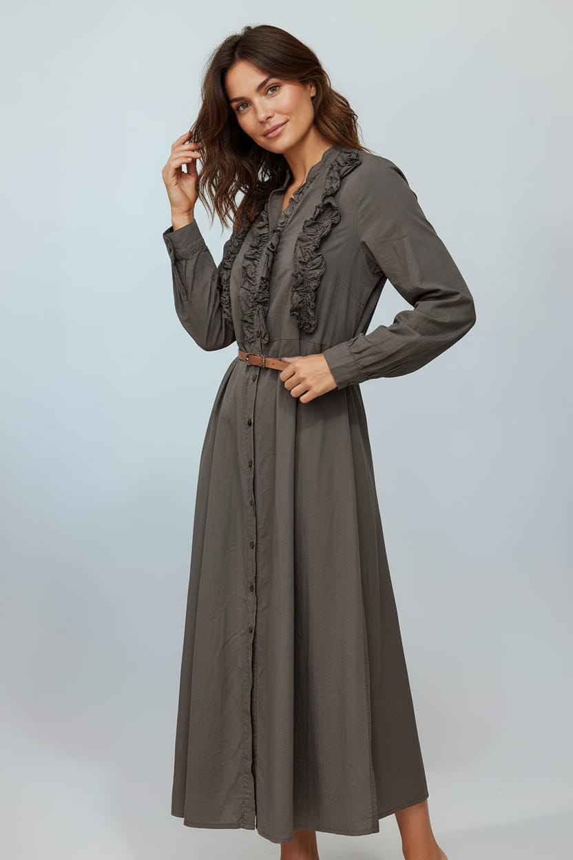 Robe longue boutonnée à volants taupe