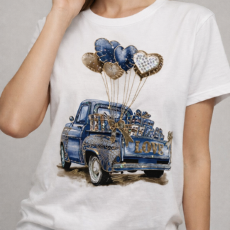 T-shirt blanc à imprimé voiture bleu et strass