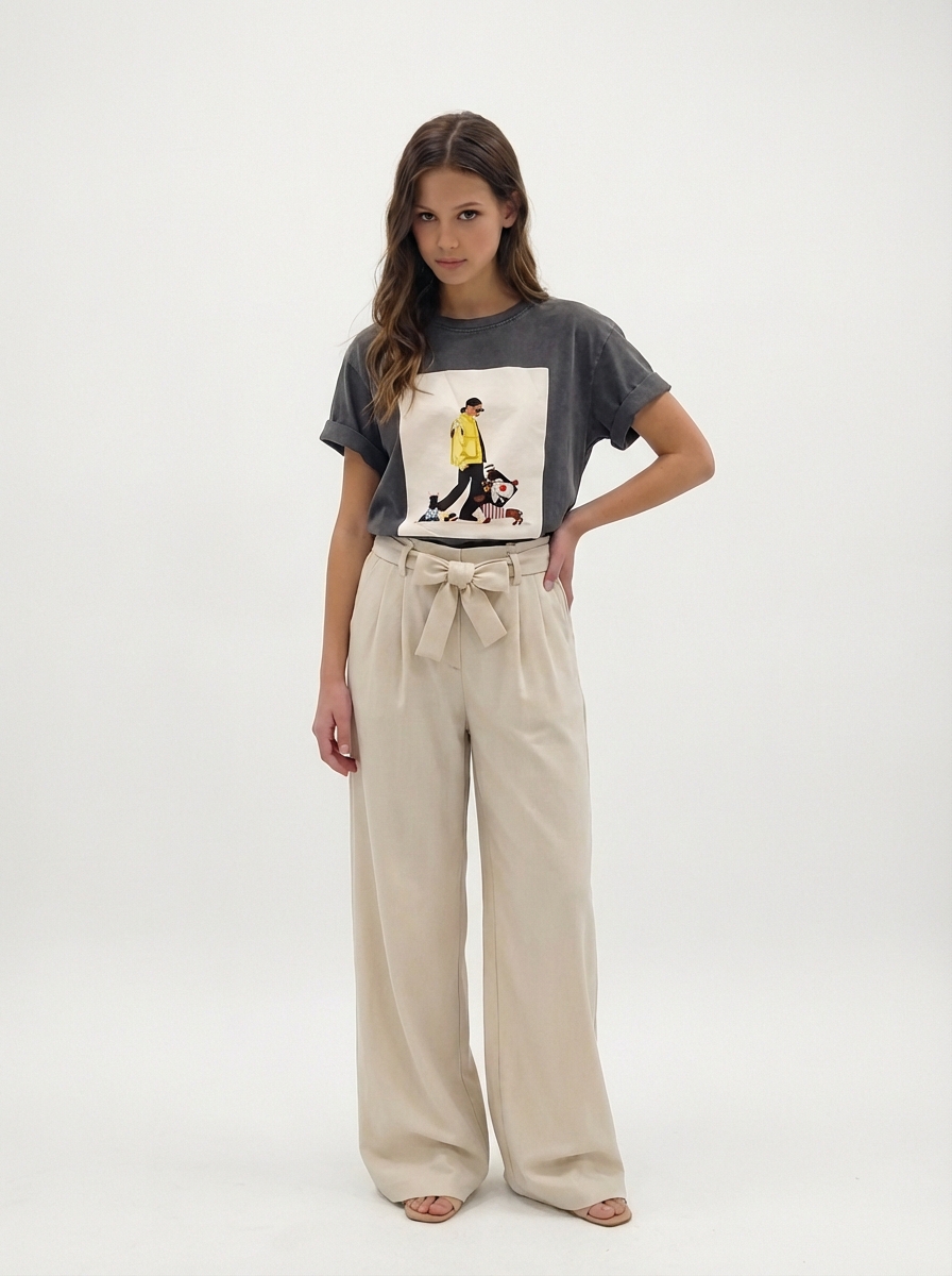 Pantalon ample à noeud beige Tshirt femme