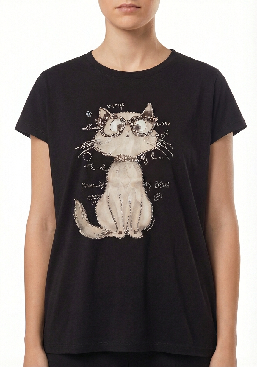 T-shirt noir imprimé chat lunettes