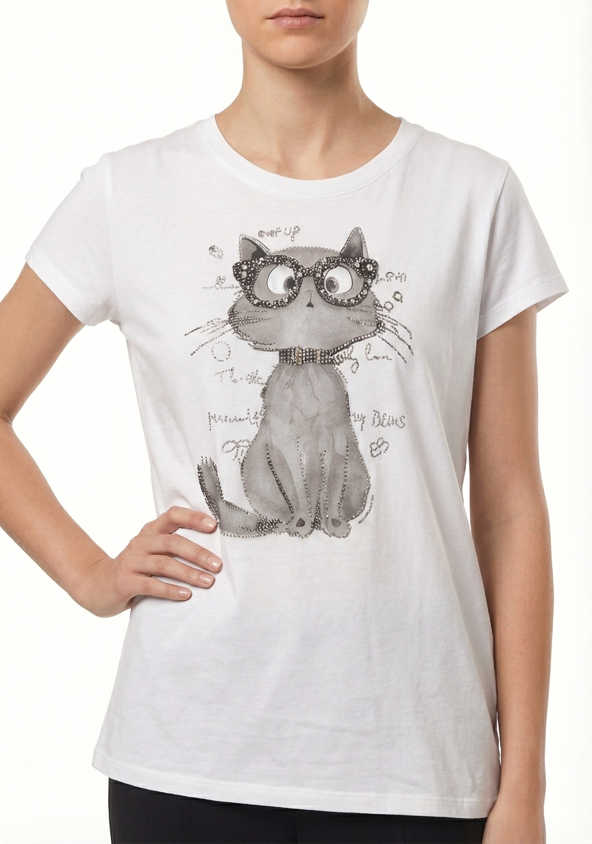 T-shirt blanc imprimé chat lunettes