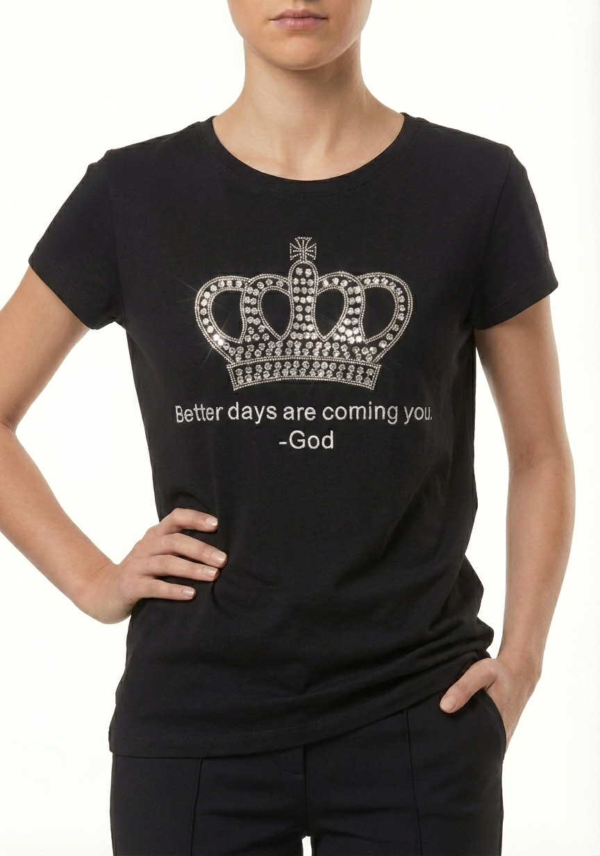 T-shirt noir imprimé strass couronne