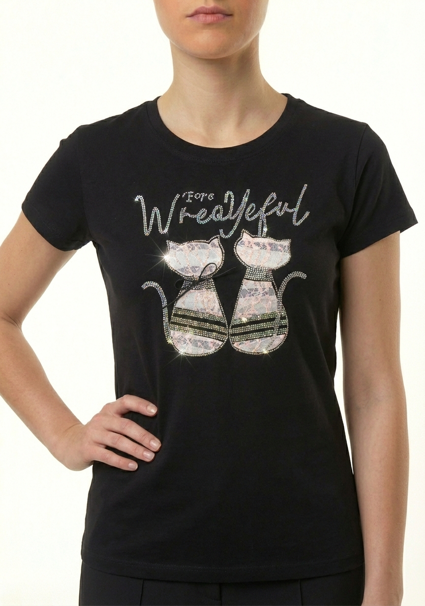 T-shirt noir imprimé chat dentelle rose