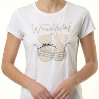 T-shirt blanc imprimé chat dentelle rose