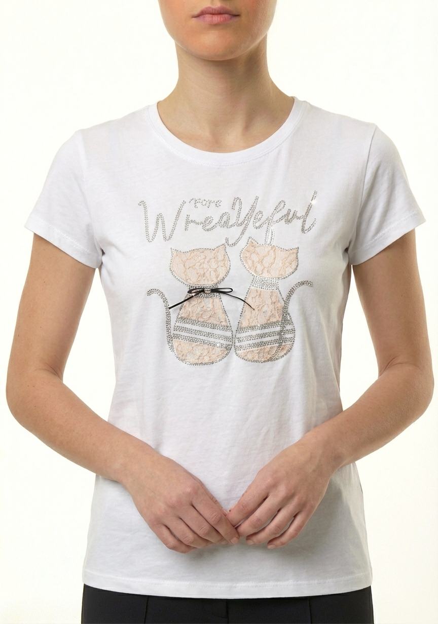 T-shirt blanc imprimé chat dentelle rose