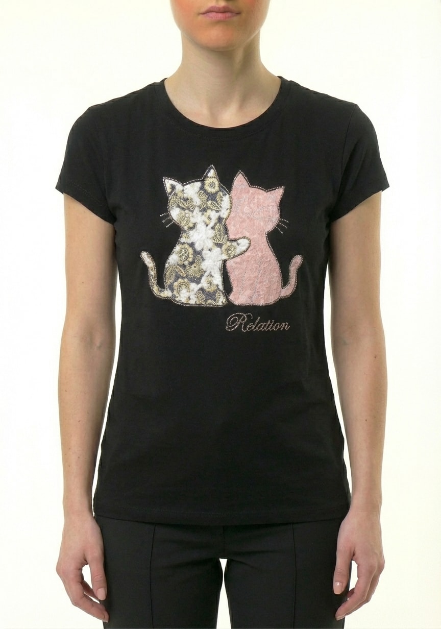 T-shirt noir imprimé chat câlin rose