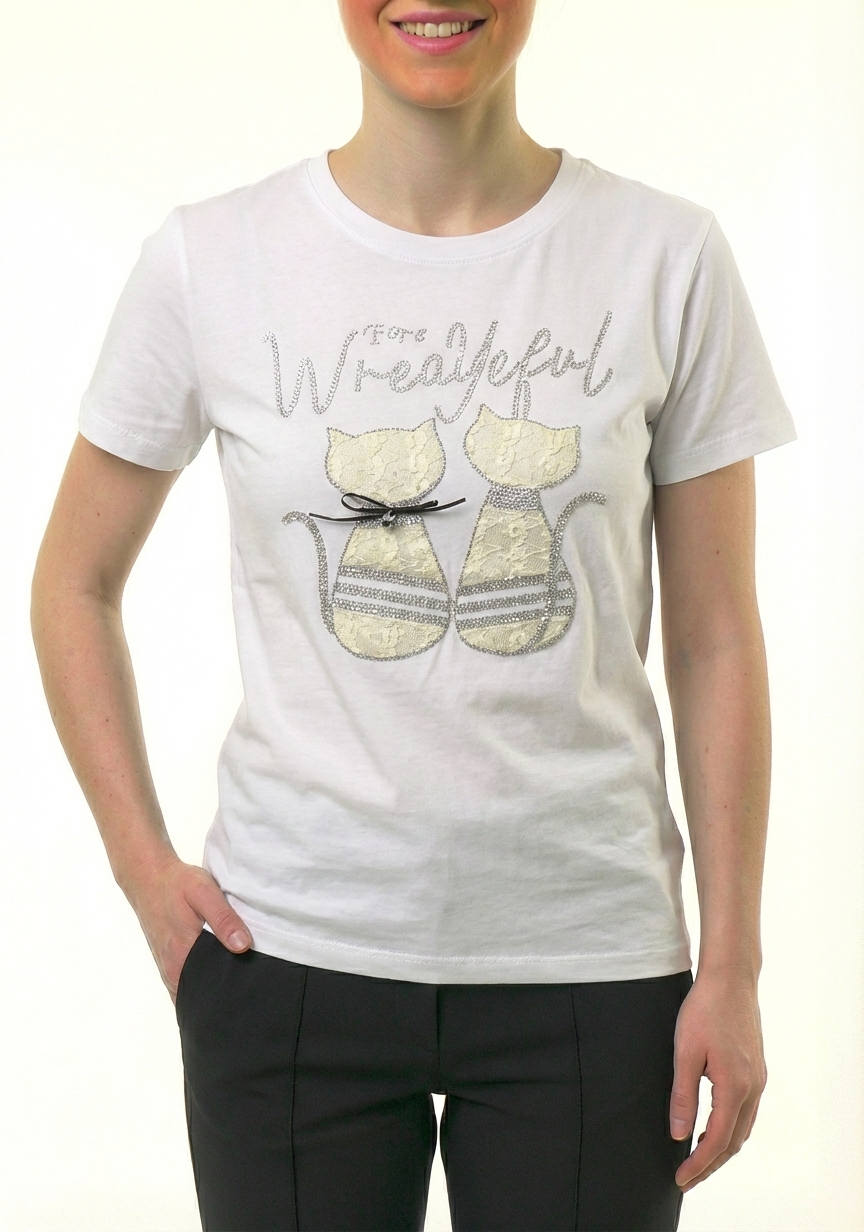 T-shirt blanc imprimé chat dentelle jaune